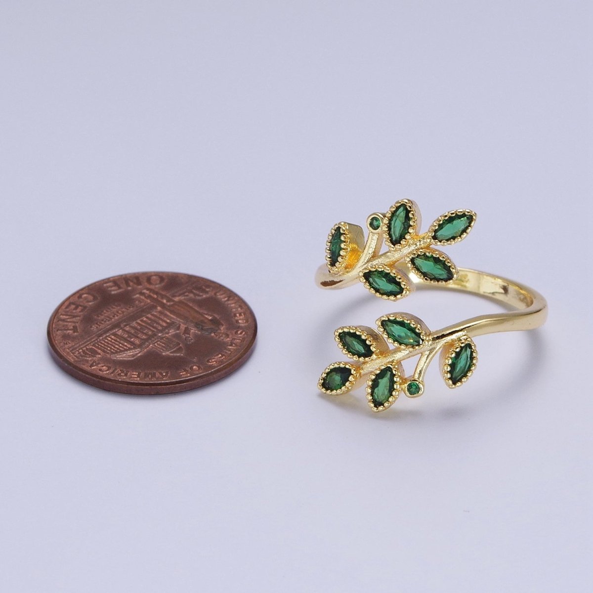 OS 24K Gold Filled Mother Nature Vine Leaves Green Cubic Zirconia Adjustable Open Ring | U-139