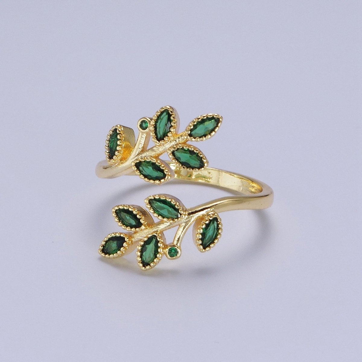 OS 24K Gold Filled Mother Nature Vine Leaves Green Cubic Zirconia Adjustable Open Ring | U-139
