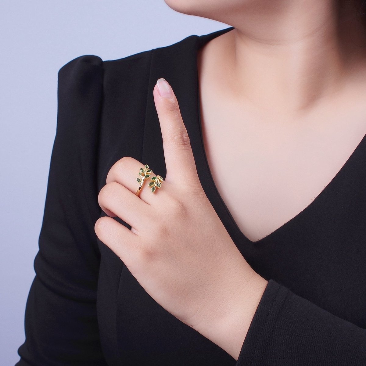 OS 24K Gold Filled Mother Nature Vine Leaves Green Cubic Zirconia Adjustable Open Ring | U-139