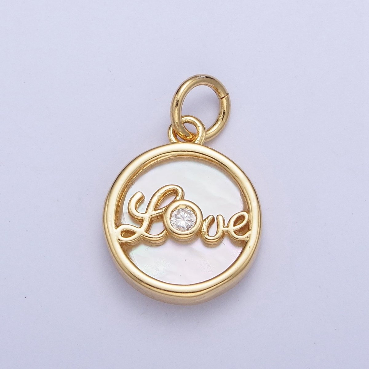24K Gold Filled Mother of Pearl Love Script Round Coin Charm  AG-074