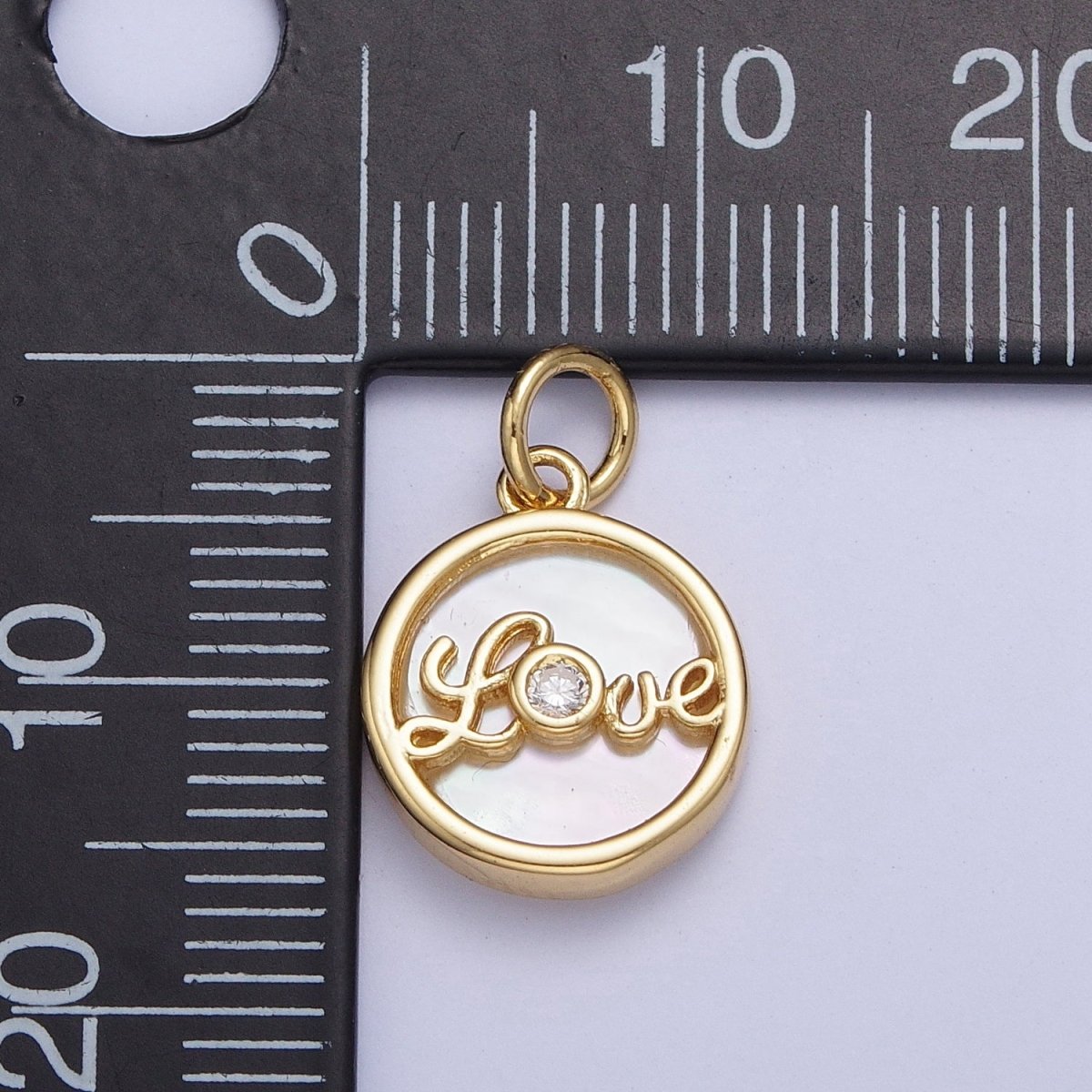 24K Gold Filled Mother of Pearl Love Script Round Coin Charm  AG-074