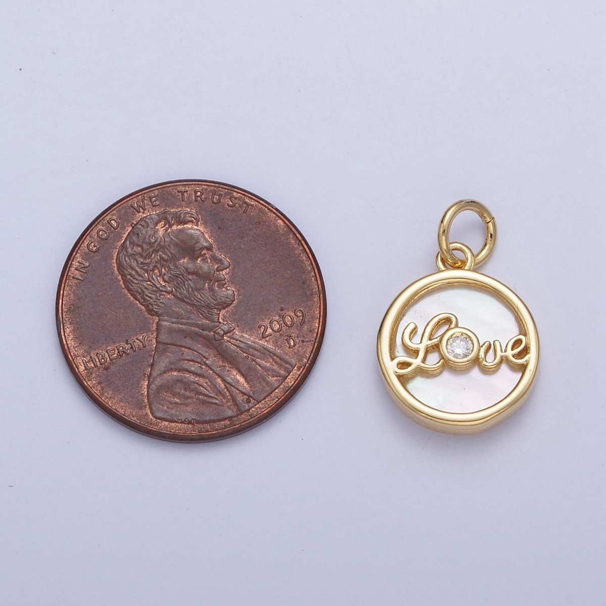 24K Gold Filled Mother of Pearl Love Script Round Coin Charm  AG-074