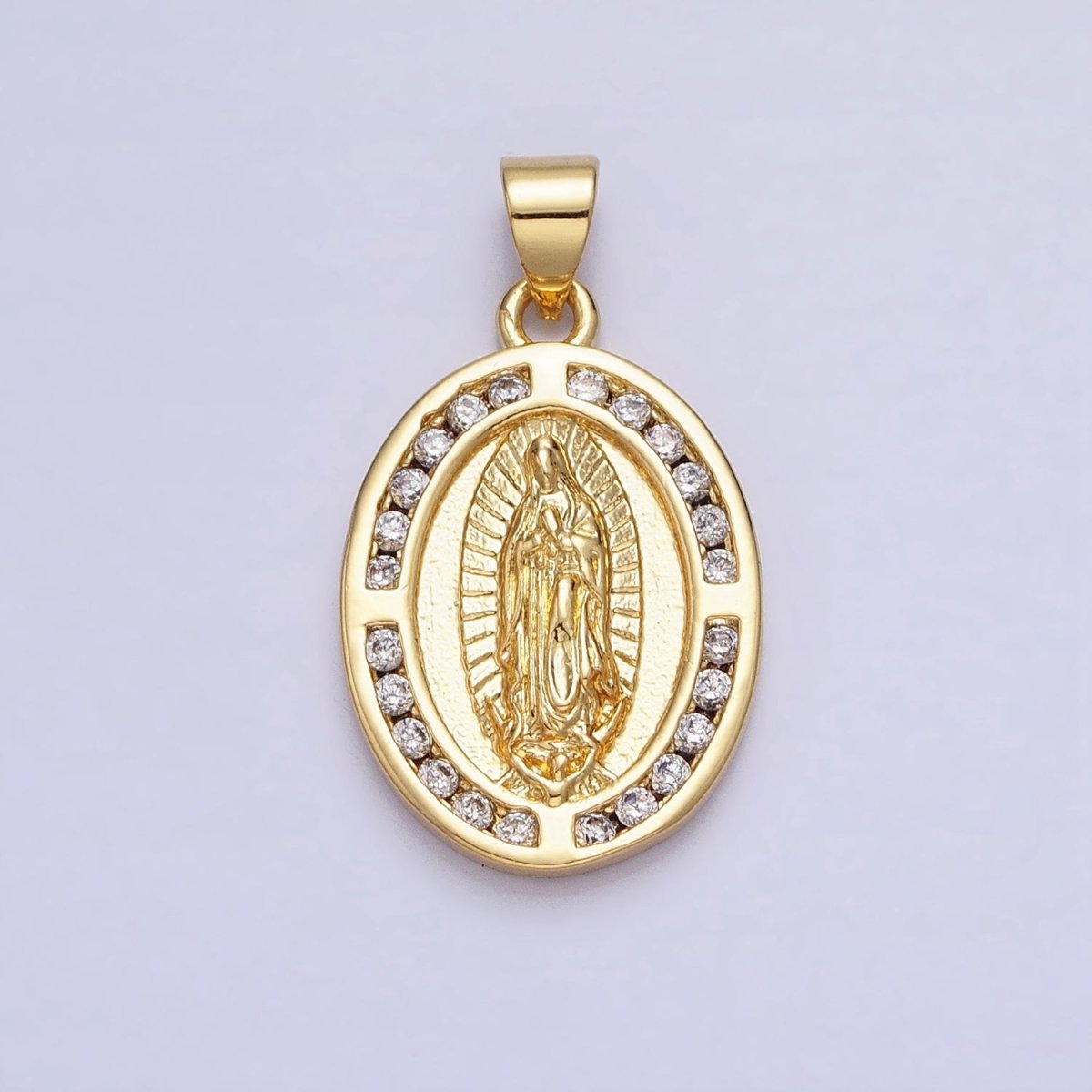 24K Gold Filled Mother Virgin Mary Guadalupe CZ Lined Oval Religious Pendant | AA234