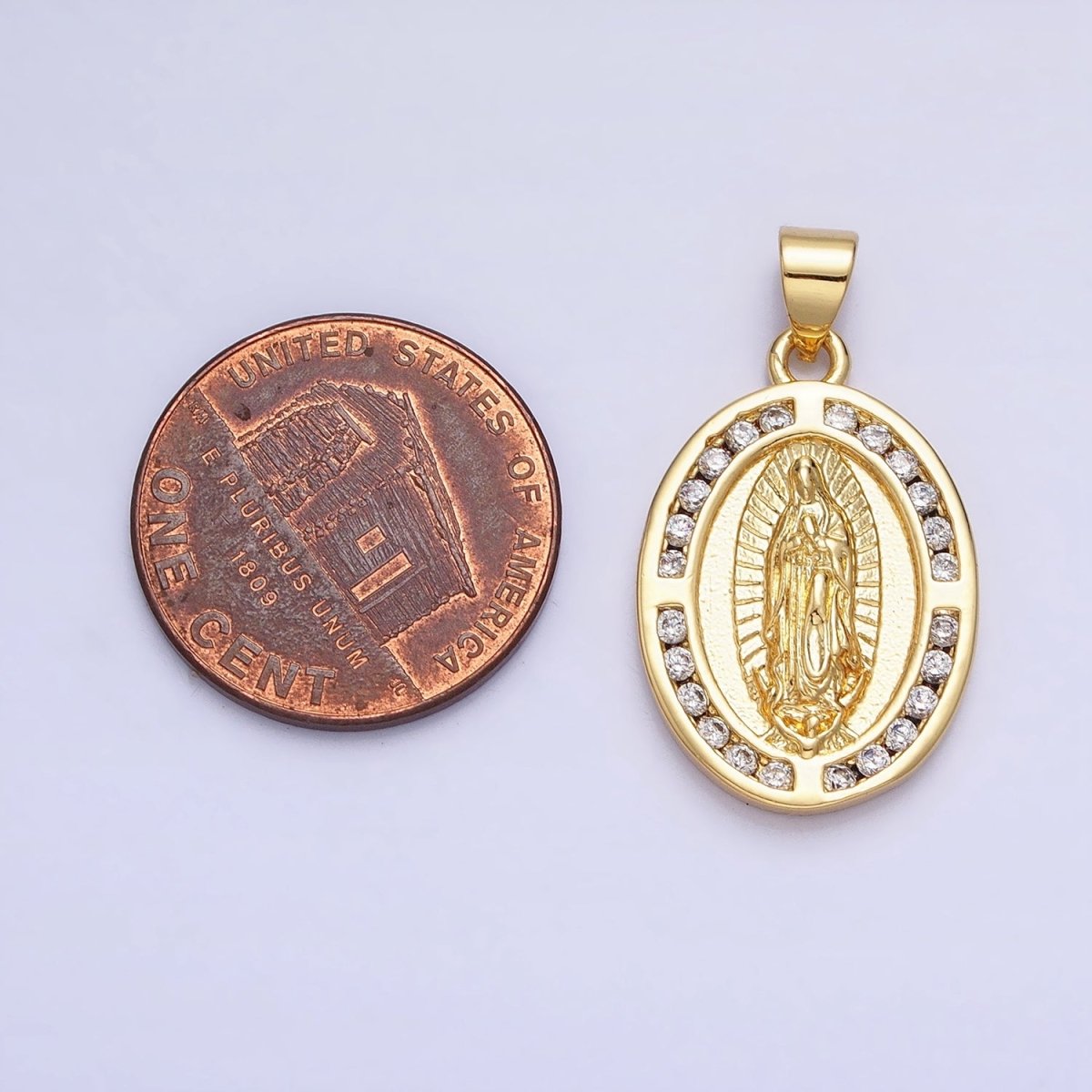 24K Gold Filled Mother Virgin Mary Guadalupe CZ Lined Oval Religious Pendant | AA234