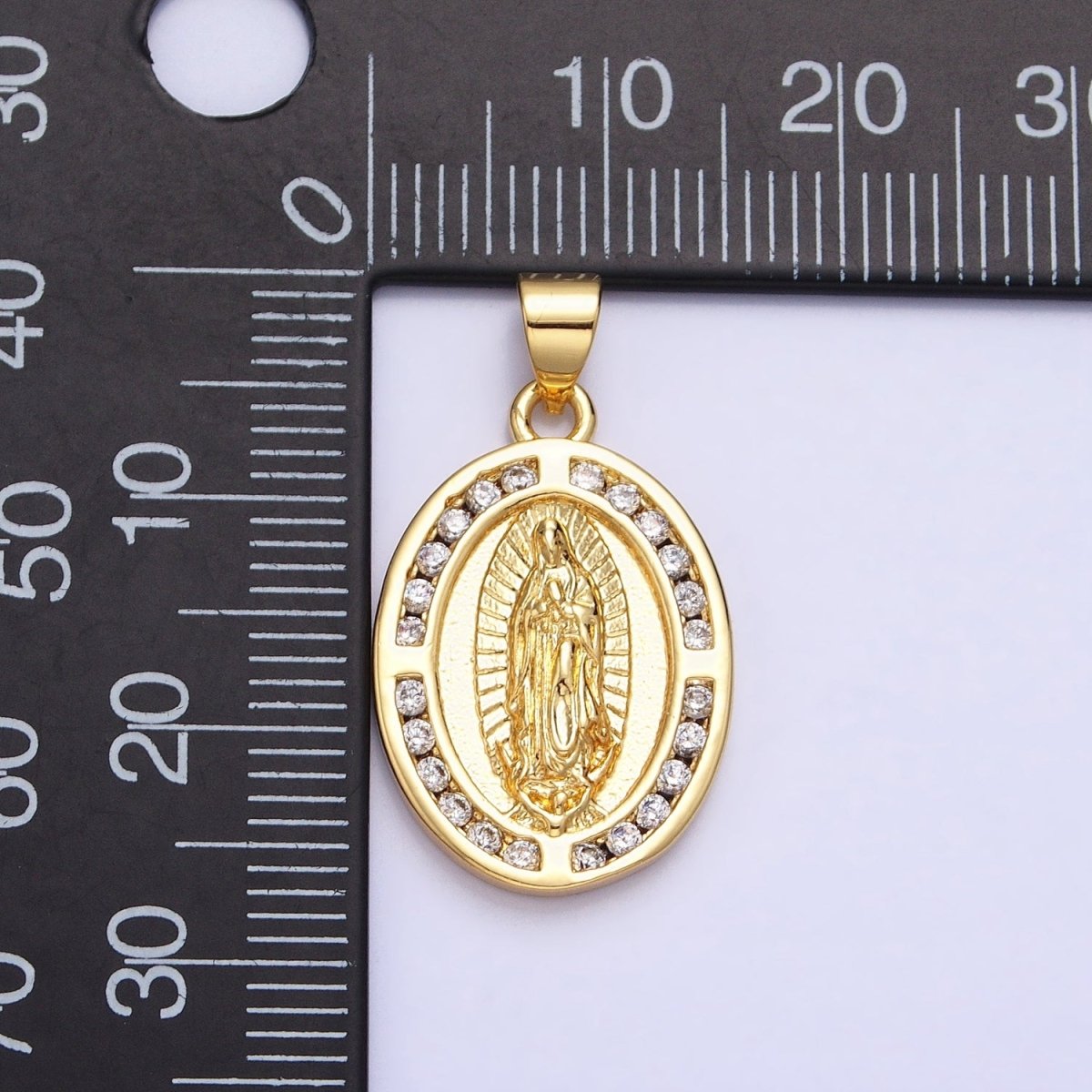24K Gold Filled Mother Virgin Mary Guadalupe CZ Lined Oval Religious Pendant | AA234