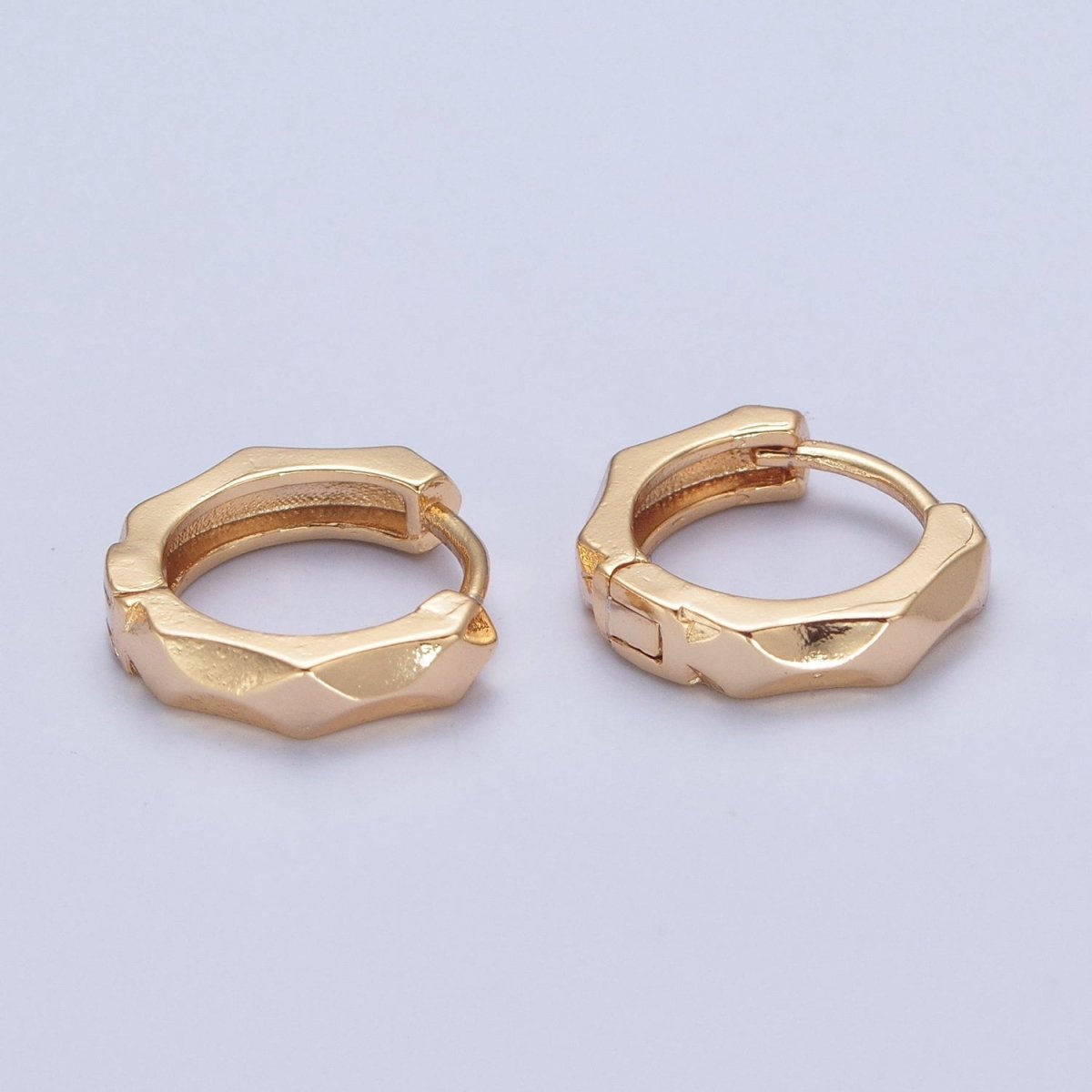 24K Gold Filled Multi Faceted Huggie, 13x14mm Geometric Hammered Hoops Earrings P-337