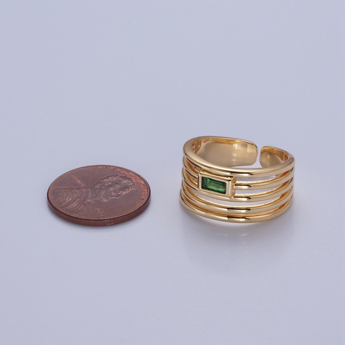 24K Gold Filled Multiband Signet Ring with Emerald Green Baguette CZ Cubic Zirconia O-2284
