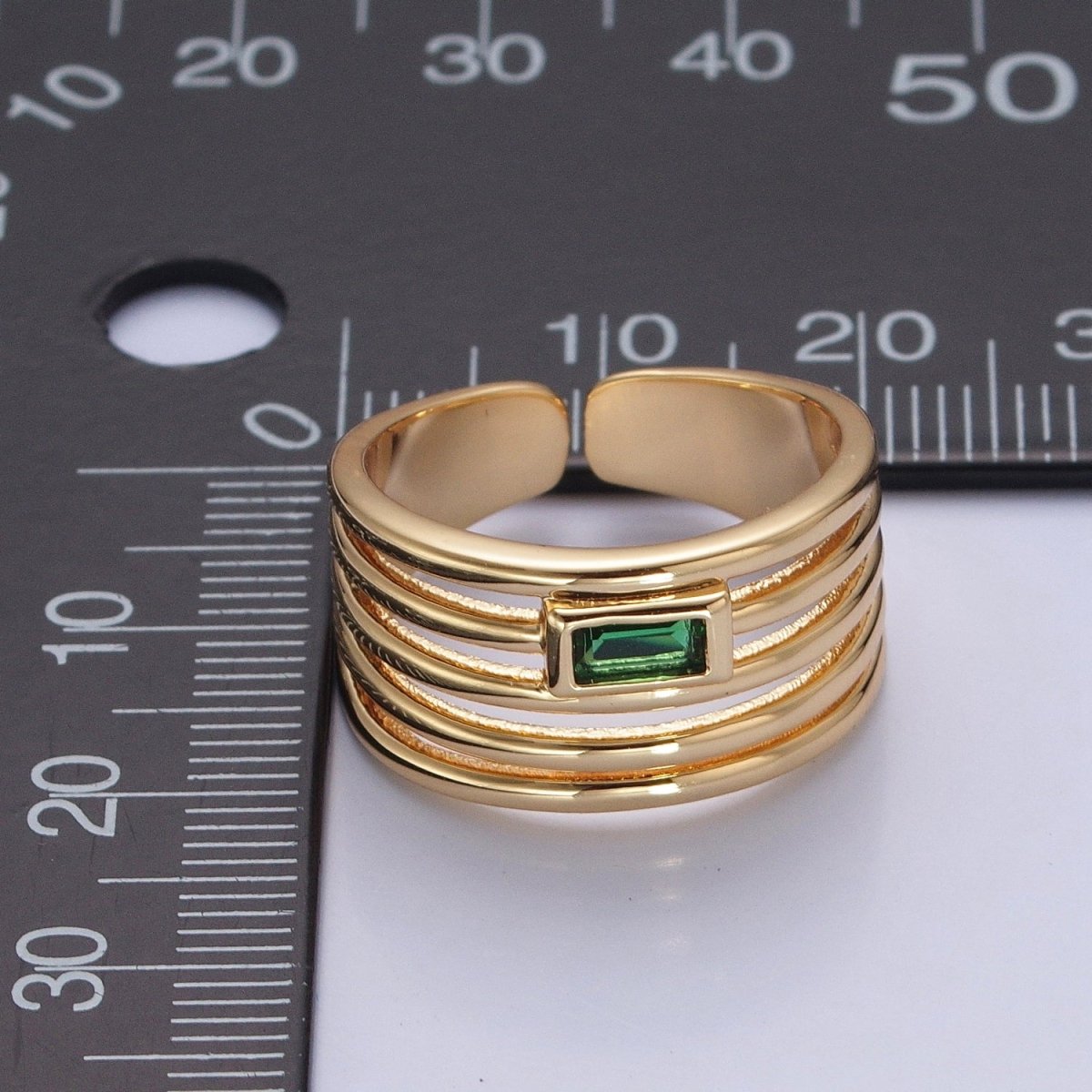 24K Gold Filled Multiband Signet Ring with Emerald Green Baguette CZ Cubic Zirconia O-2284
