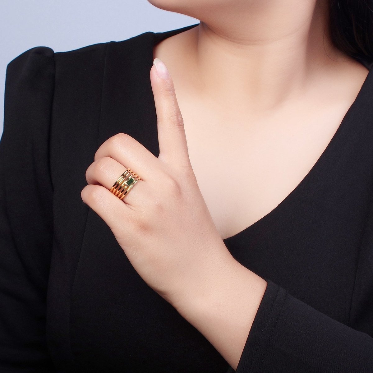 24K Gold Filled Multiband Signet Ring with Emerald Green Baguette CZ Cubic Zirconia O-2284