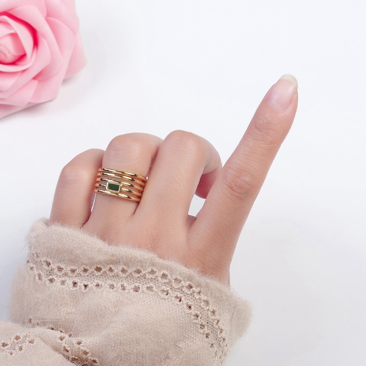 24K Gold Filled Multiband Signet Ring with Emerald Green Baguette CZ Cubic Zirconia O-2284