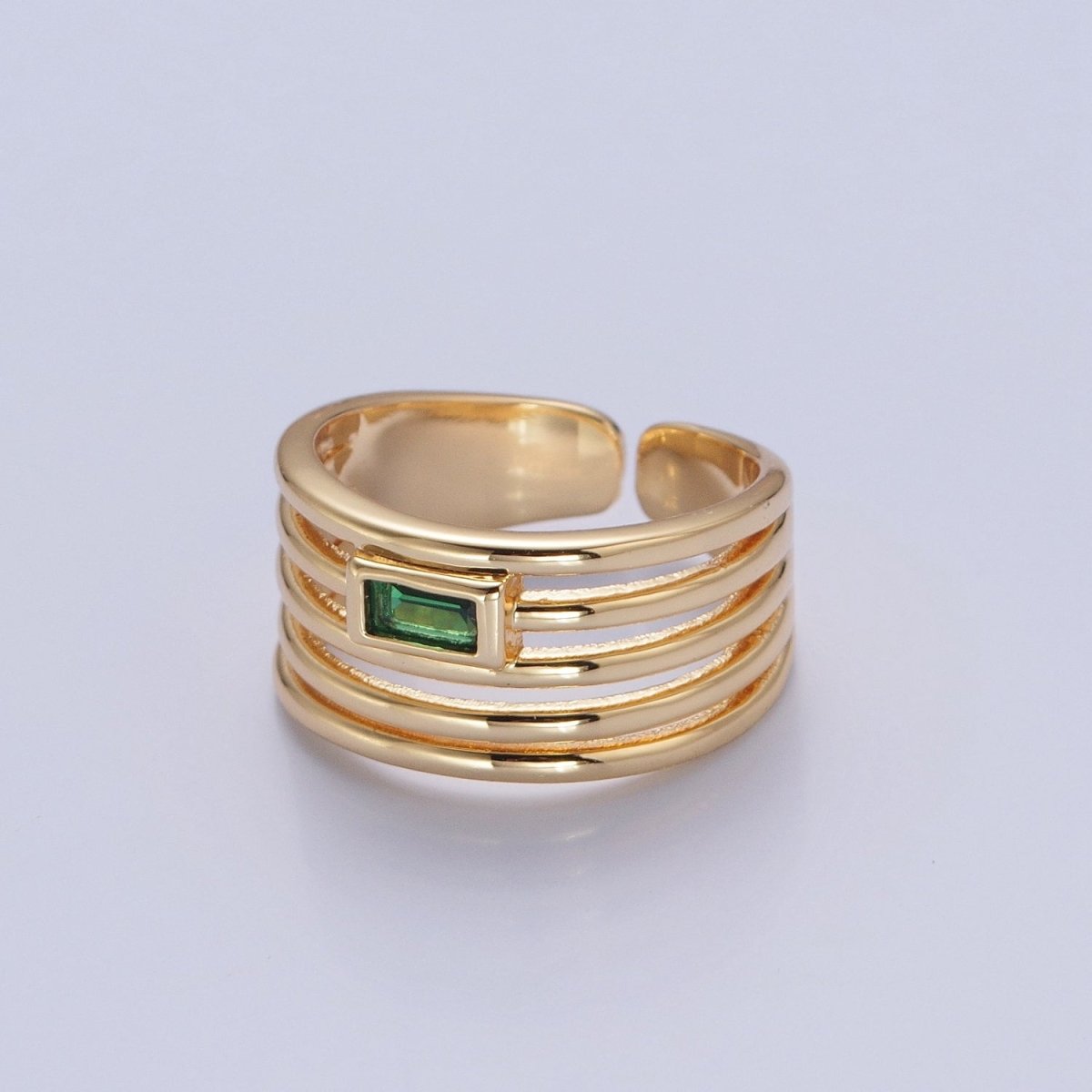 24K Gold Filled Multiband Signet Ring with Emerald Green Baguette CZ Cubic Zirconia O-2284