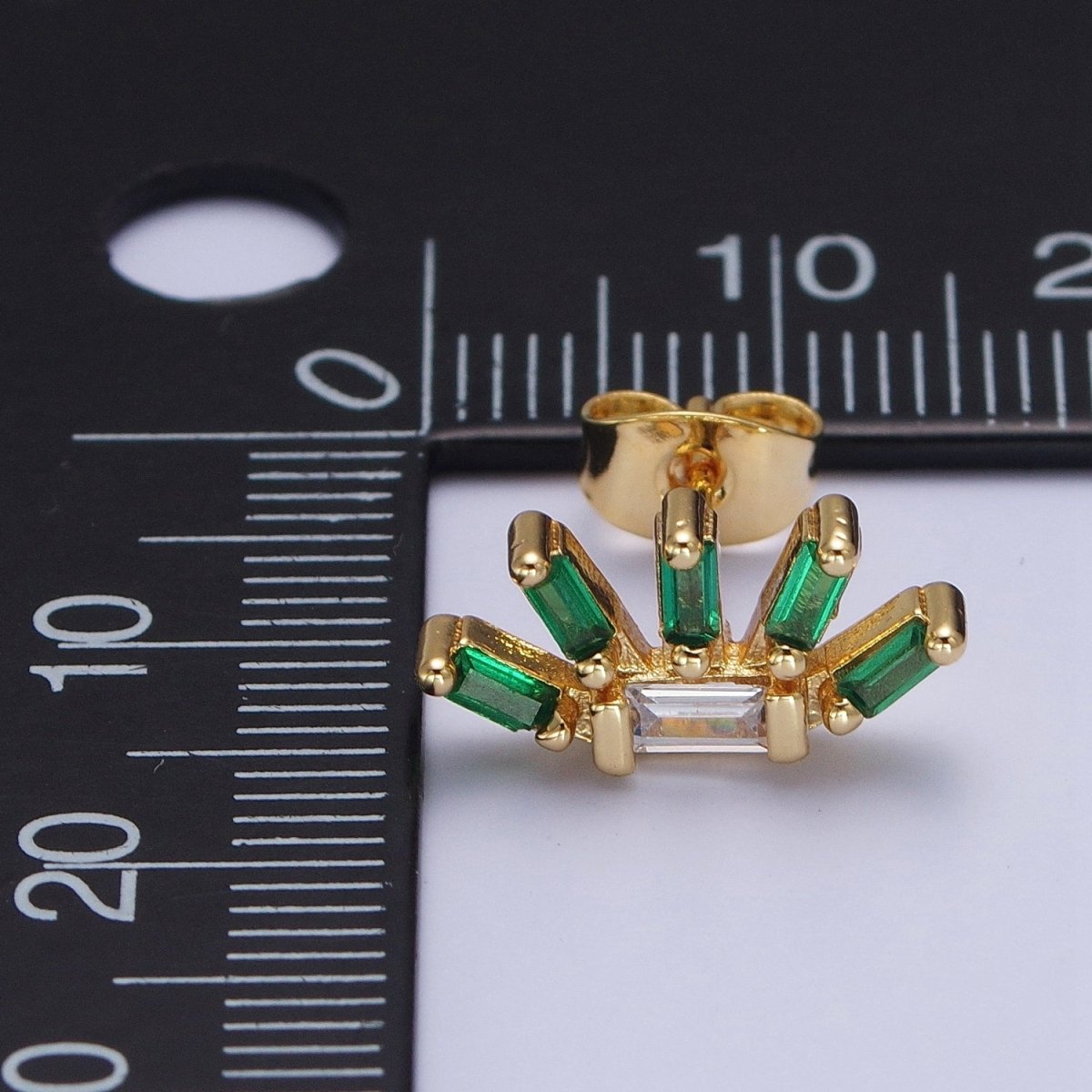 24K Gold Filled Multiple Green & Clear Baguette Cubic Zirconia Plant Flower Stud Earrings | AD-513