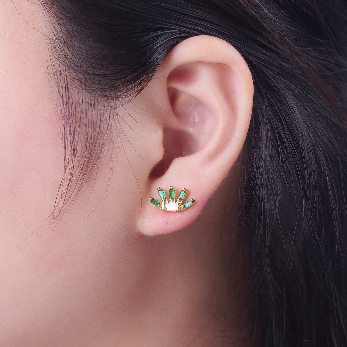 24K Gold Filled Multiple Green & Clear Baguette Cubic Zirconia Plant Flower Stud Earrings | AD-513