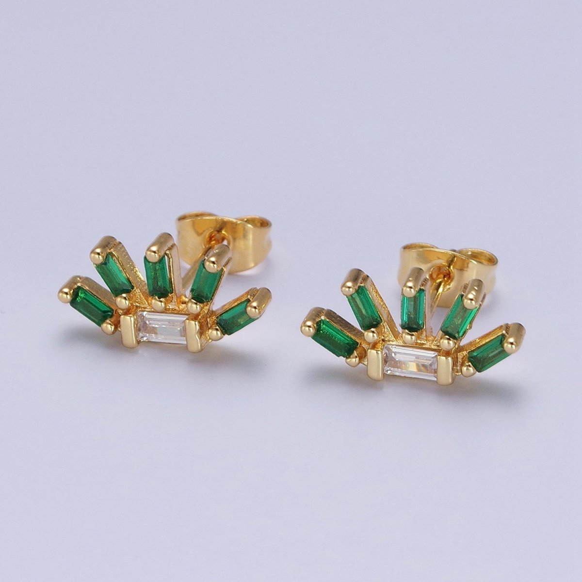 24K Gold Filled Multiple Green & Clear Baguette Cubic Zirconia Plant Flower Stud Earrings | AD-513