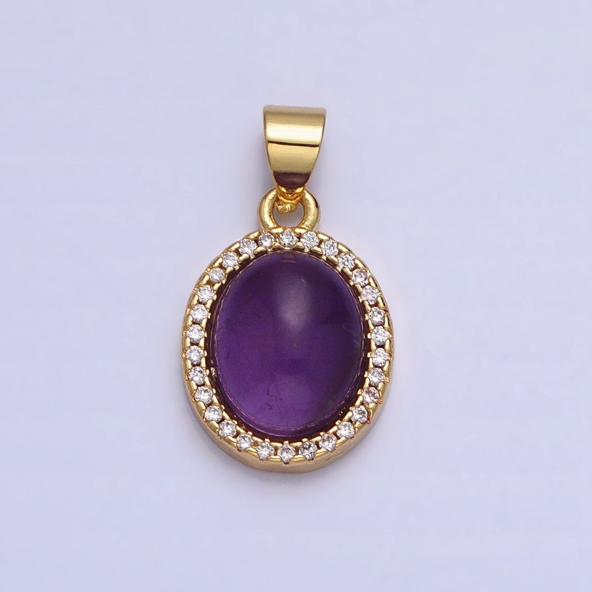 24K Gold Filled Natural Blue Agate, Moonstone, Rose Quartz, Amazonite, Amethyst Micro Paved CZ Oval Pendant | AA270 - AA274