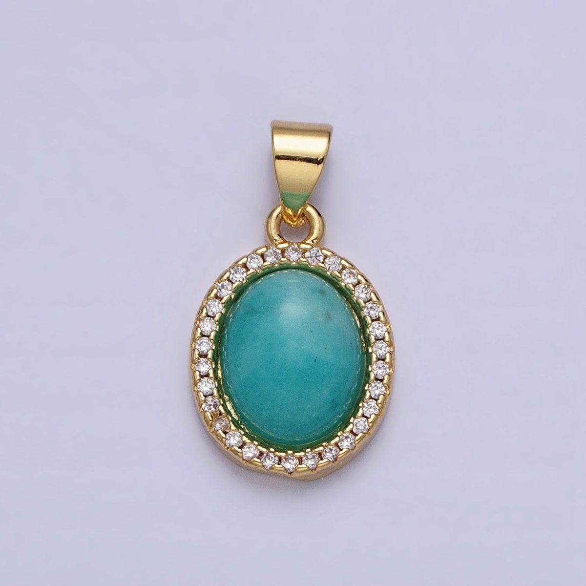 24K Gold Filled Natural Blue Agate, Moonstone, Rose Quartz, Amazonite, Amethyst Micro Paved CZ Oval Pendant | AA270 - AA274