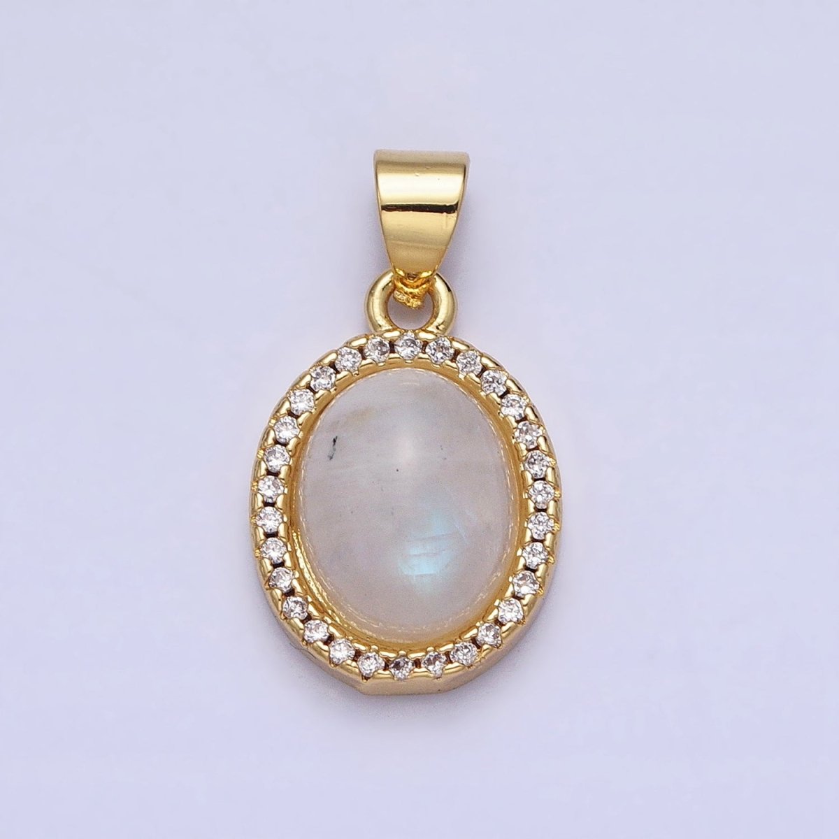 24K Gold Filled Natural Blue Agate, Moonstone, Rose Quartz, Amazonite, Amethyst Micro Paved CZ Oval Pendant | AA270 - AA274