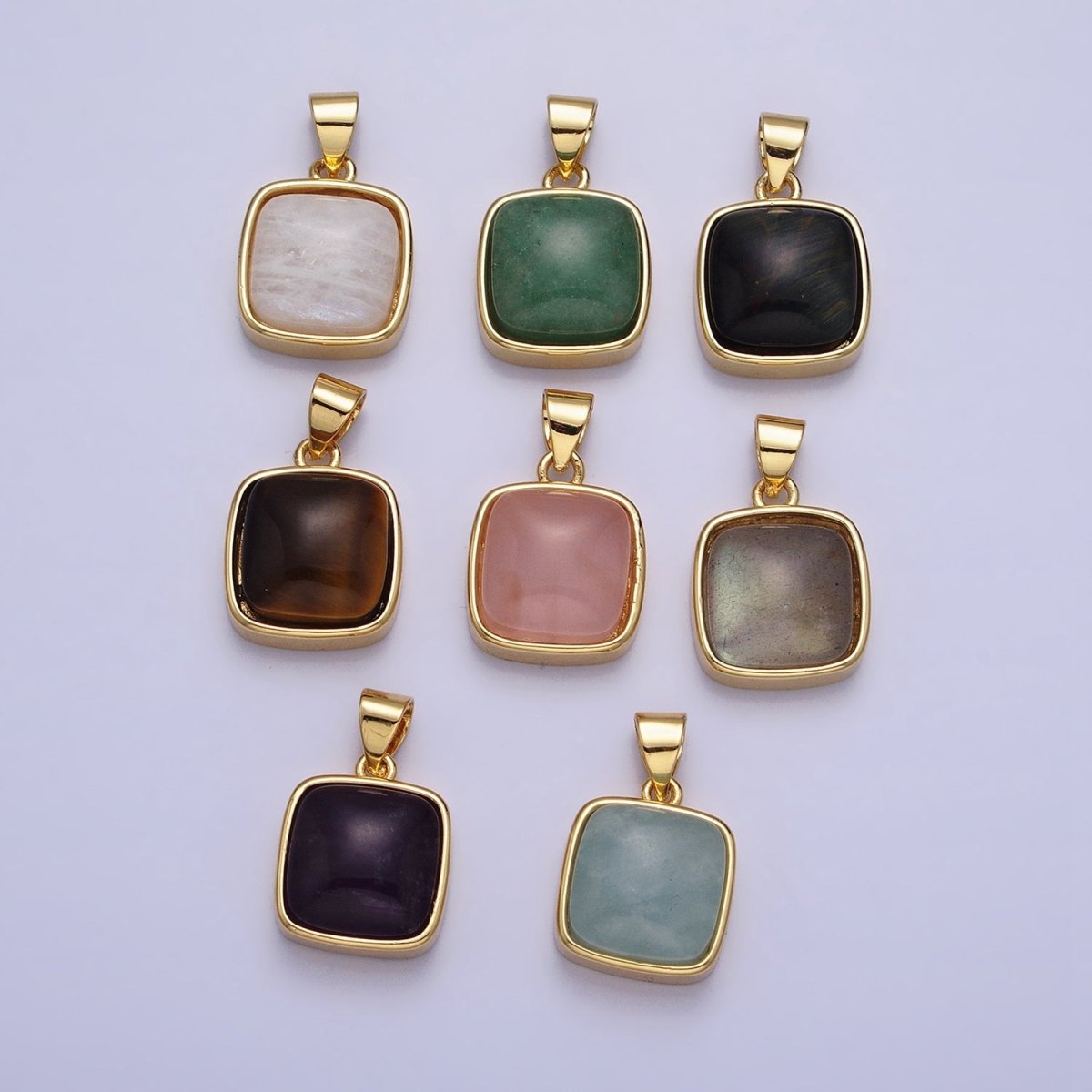 24K Gold Filled Natural Stone Amethyst, Labradorite, Moonstone, Tiger Eye, Amazonite, Aventurine, Rose Quartz, Blue Tiger Eye Square Pendant with CZ Stone | AA332 - AA338