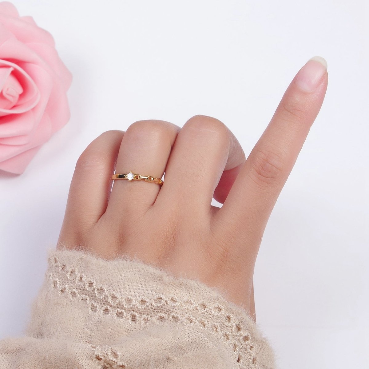24K Gold Filled Partially Chain Link with Round Cubic Zirconia Stone Adjustable Minimalist Gold Ring | U-024