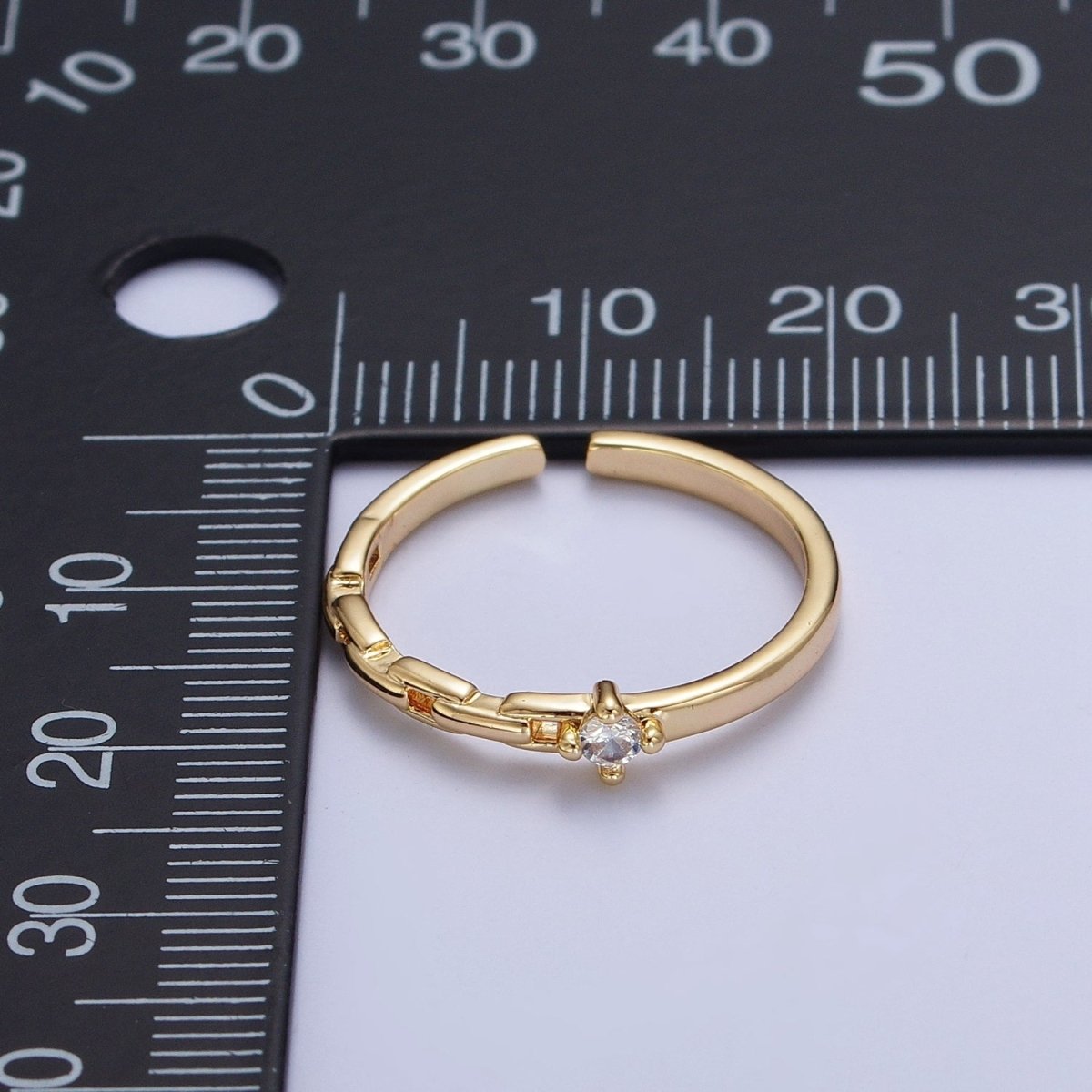 24K Gold Filled Partially Chain Link with Round Cubic Zirconia Stone Adjustable Minimalist Gold Ring | U-024