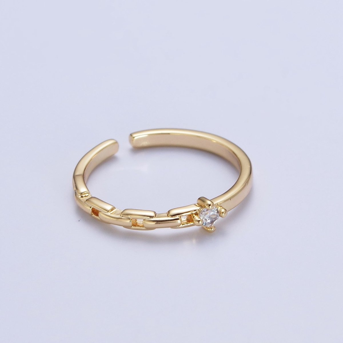 24K Gold Filled Partially Chain Link with Round Cubic Zirconia Stone Adjustable Minimalist Gold Ring | U-024