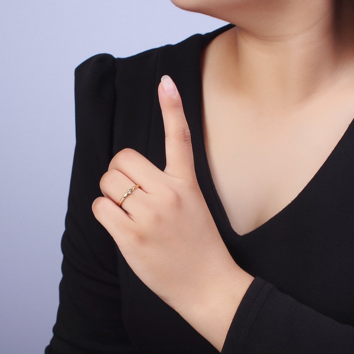 24K Gold Filled Partially Chain Link with Round Cubic Zirconia Stone Adjustable Minimalist Gold Ring | U-024