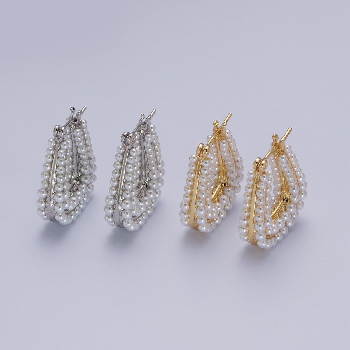 24K Gold Filled Pearl Lined Geometric Latch Hoops Earrings in Gold & Silver | V-032