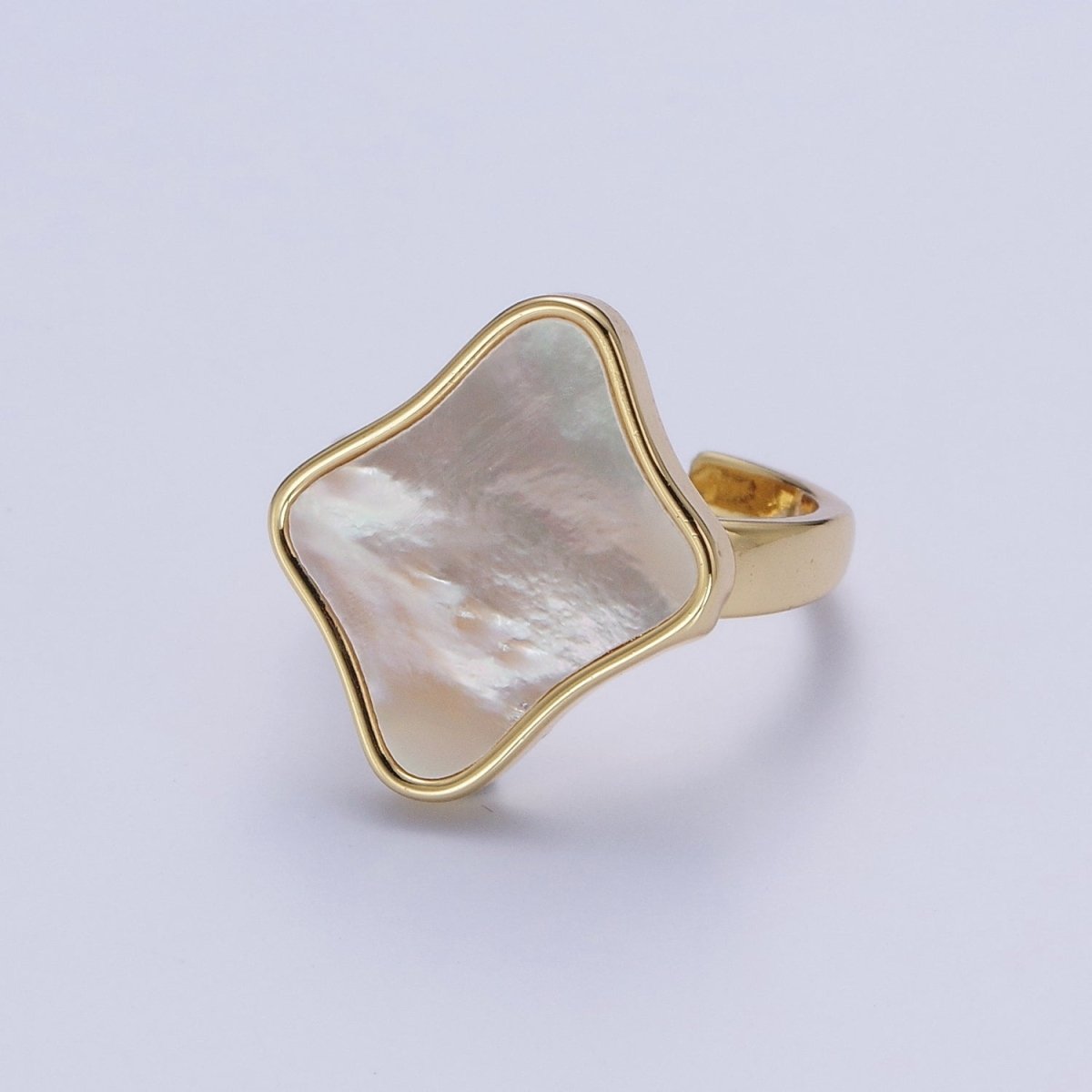 24K Gold Filled Pearl Shell Abstract Rhombus Quatrefoil Adjustable Gold Ring | S-349