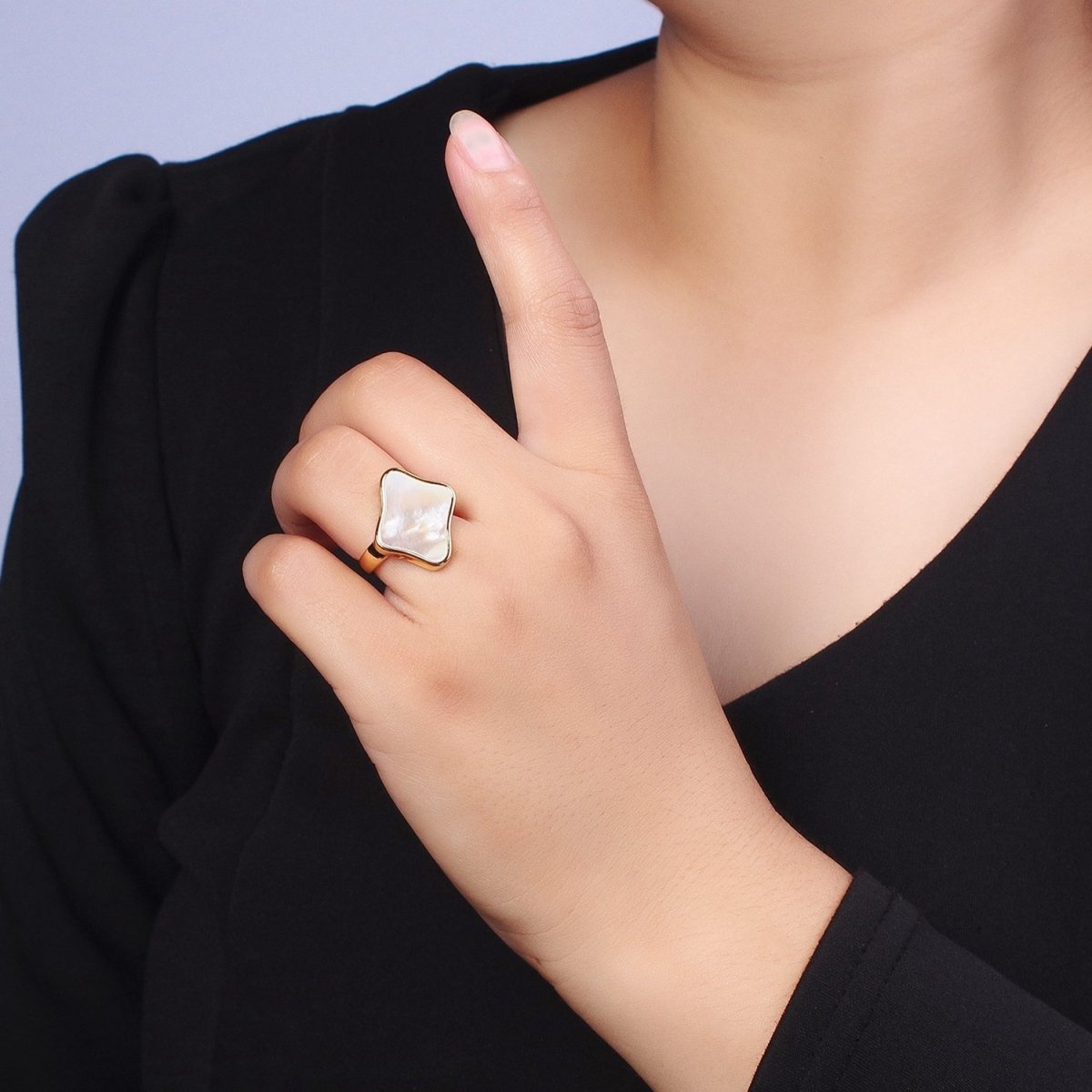 24K Gold Filled Pearl Shell Abstract Rhombus Quatrefoil Adjustable Gold Ring | S-349