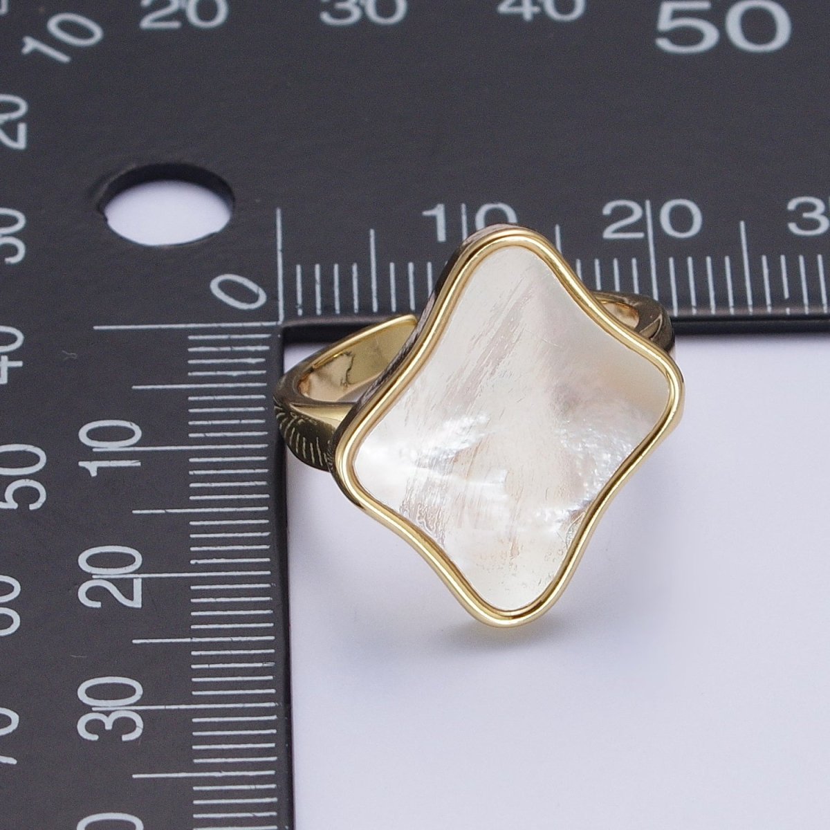 24K Gold Filled Pearl Shell Abstract Rhombus Quatrefoil Adjustable Gold Ring | S-349