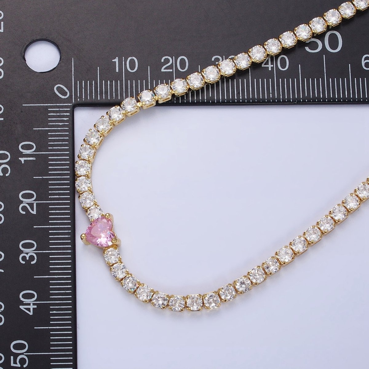 24K Gold Filled 3mm Pink CZ Heart Tennis Chain 13.5mm Inch Choker Necklace | WA-01673 Clearance Pricing