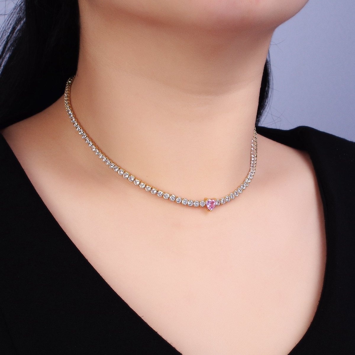 24K Gold Filled 3mm Pink CZ Heart Tennis Chain 13.5mm Inch Choker Necklace | WA-01673 Clearance Pricing