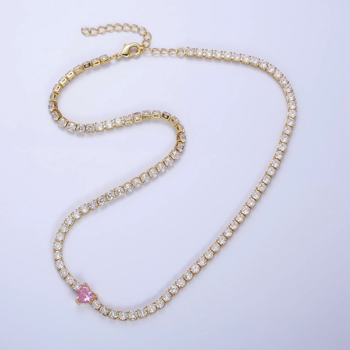 24K Gold Filled 3mm Pink CZ Heart Tennis Chain 13.5mm Inch Choker Necklace | WA-01673 Clearance Pricing