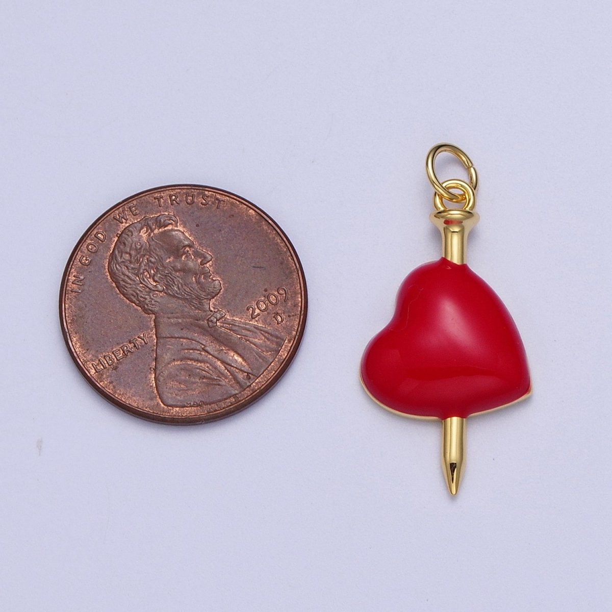 24K Gold Filled Red Heart Enamel Stabbed Needle Charm For DIY Jewelry Making | X-731
