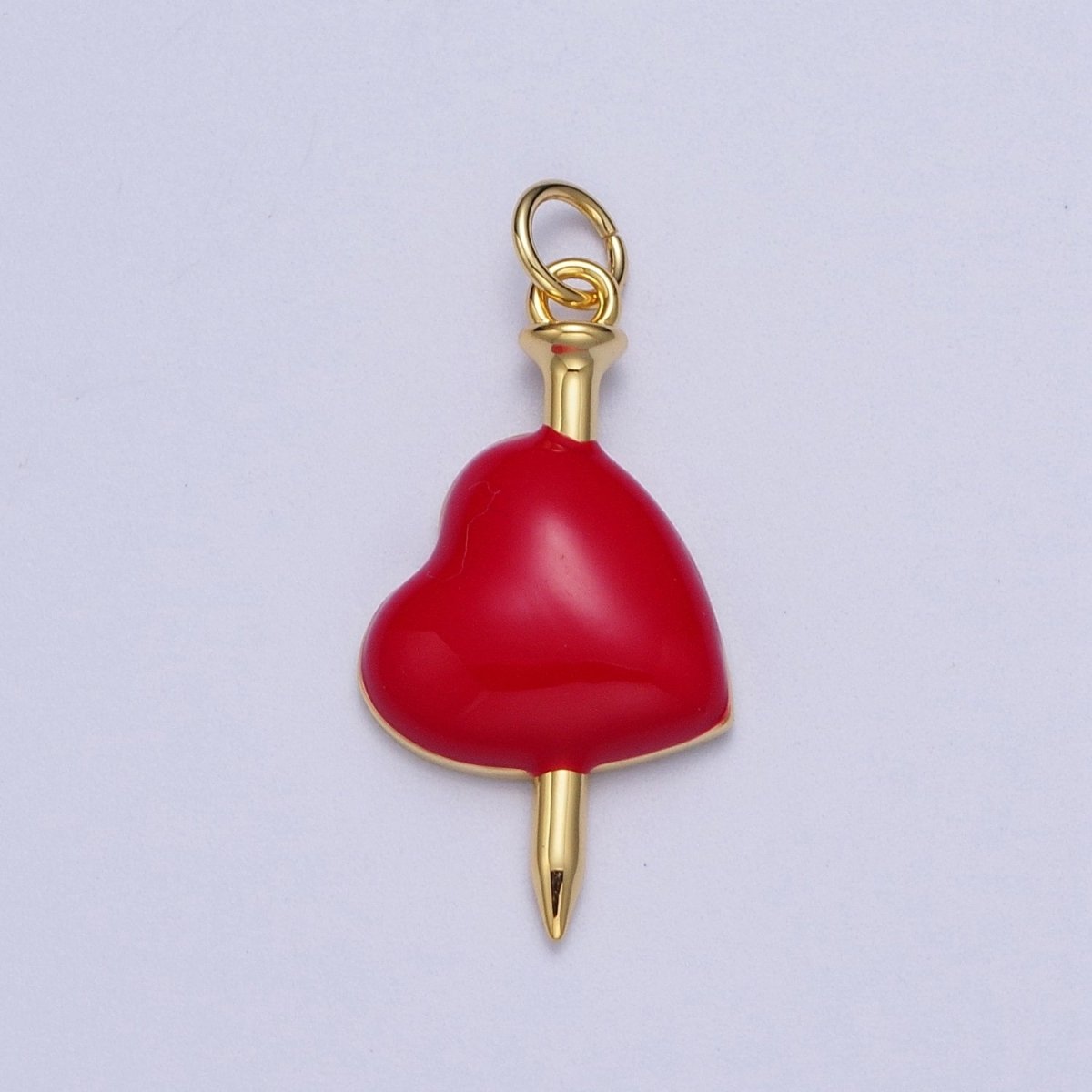 24K Gold Filled Red Heart Enamel Stabbed Needle Charm For DIY Jewelry Making | X-731
