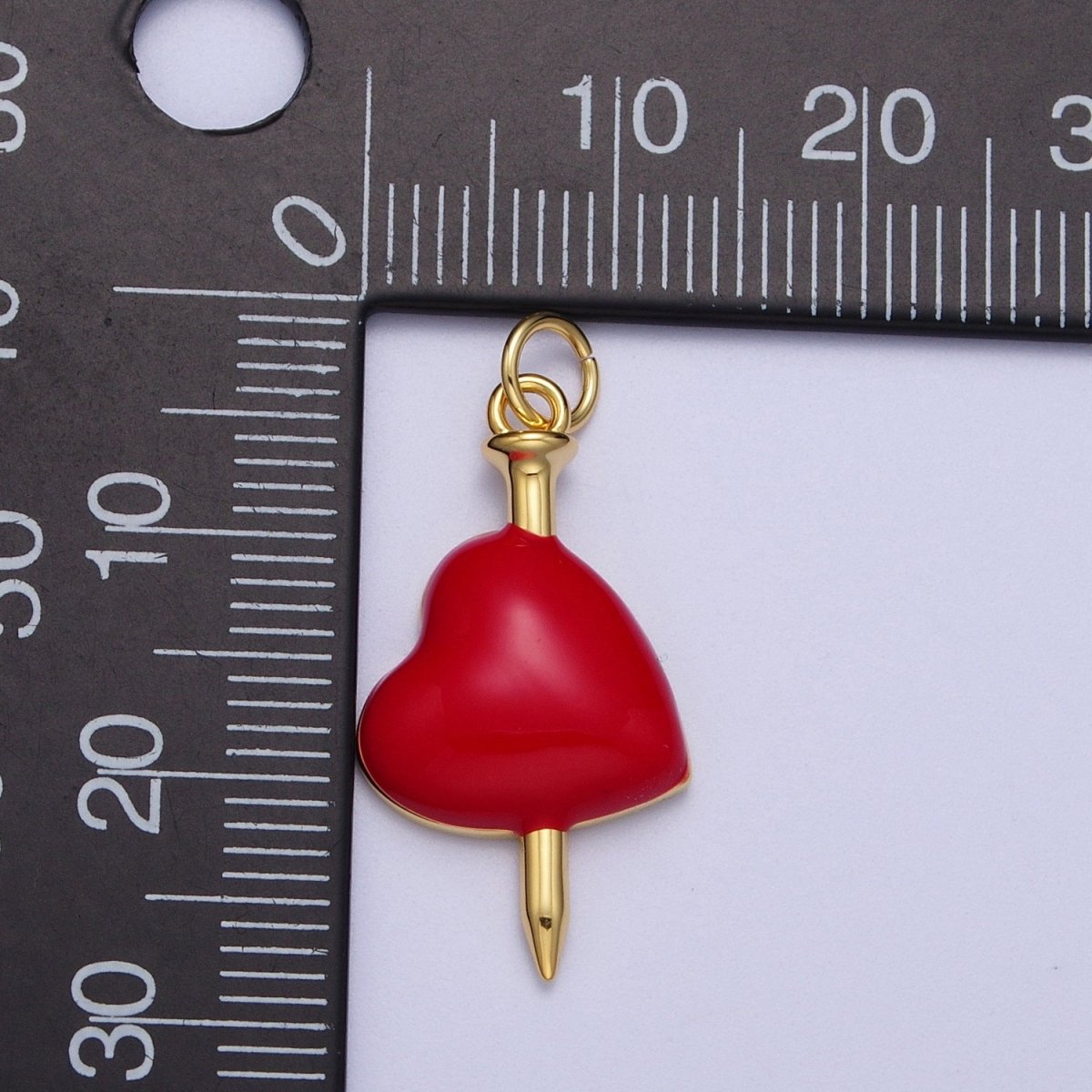 24K Gold Filled Red Heart Enamel Stabbed Needle Charm For DIY Jewelry Making | X-731