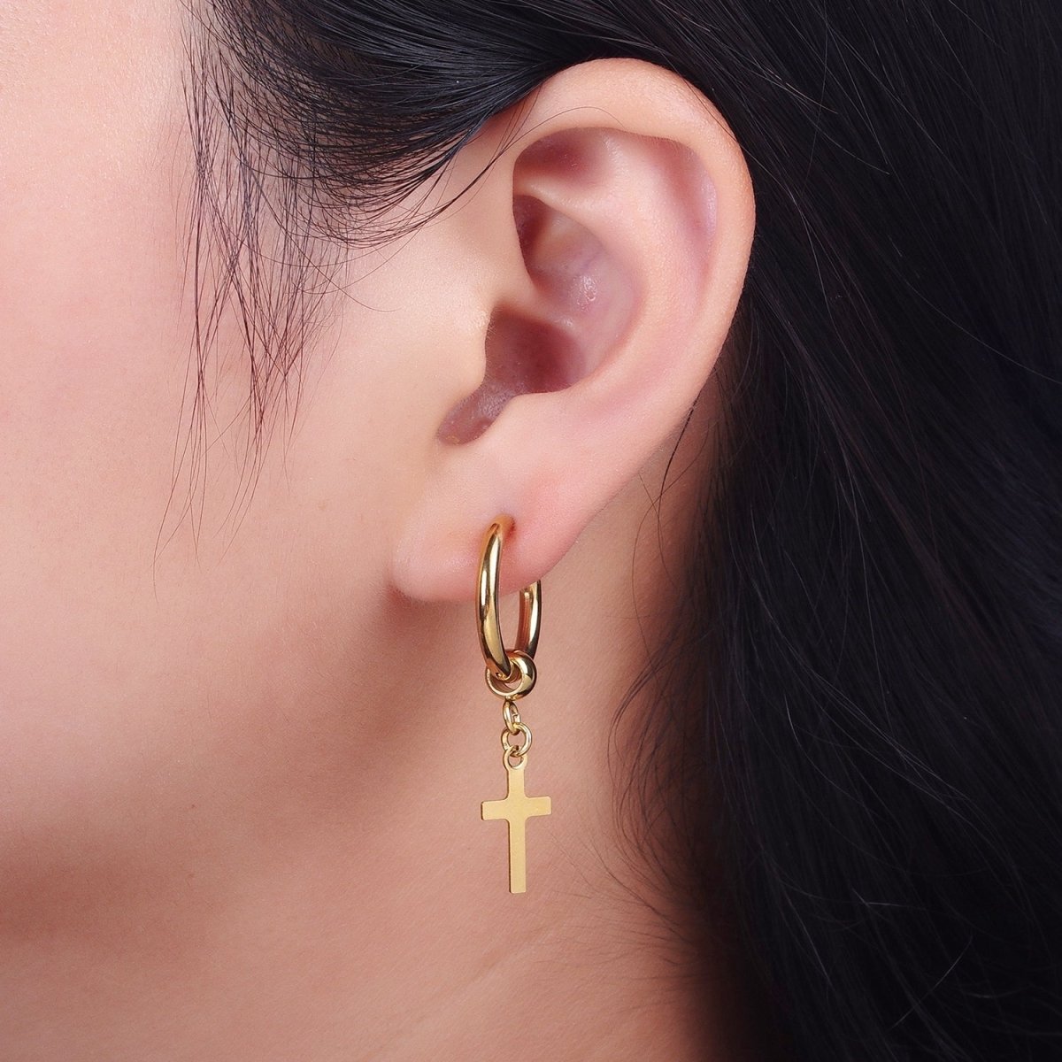 24K Gold Filled Religious Cross 18mm Huggie Drop Earrings Hoops | AD-177