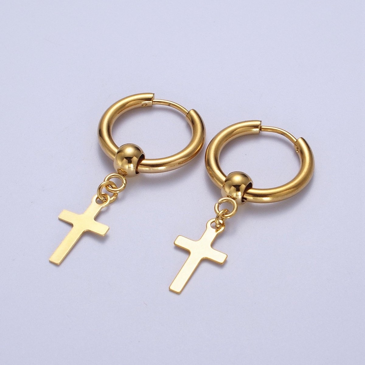 24K Gold Filled Religious Cross 18mm Huggie Drop Earrings Hoops | AD-177