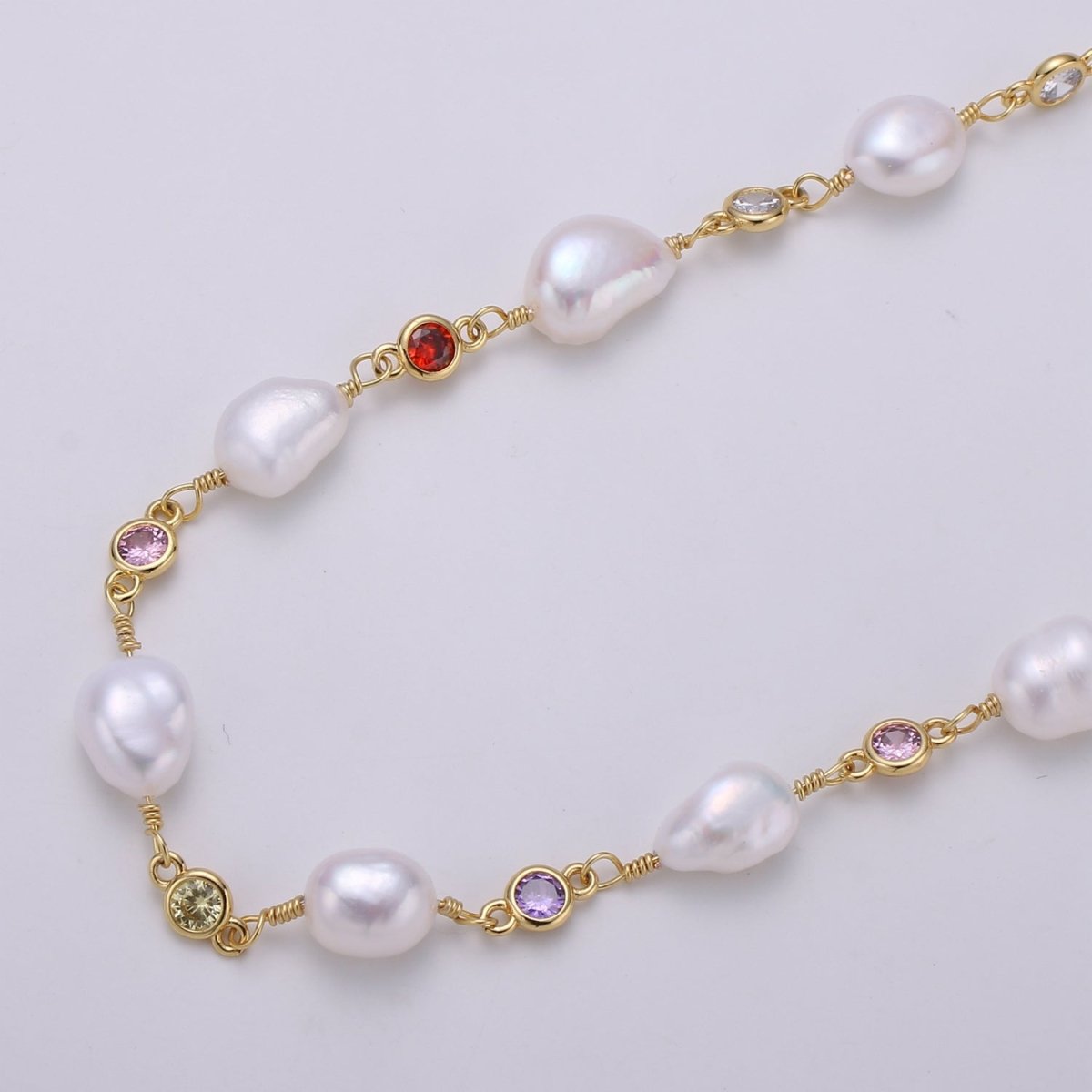 24K Gold Filled Rosary Chain with Baroque Fresh Water Pearl Charm Chain Sold By Yard with Multi Color CZ Bezel Cut For Necklace Component Supply | ROLL-448 ROLL-456 ROLL-457 Clearance Pricing