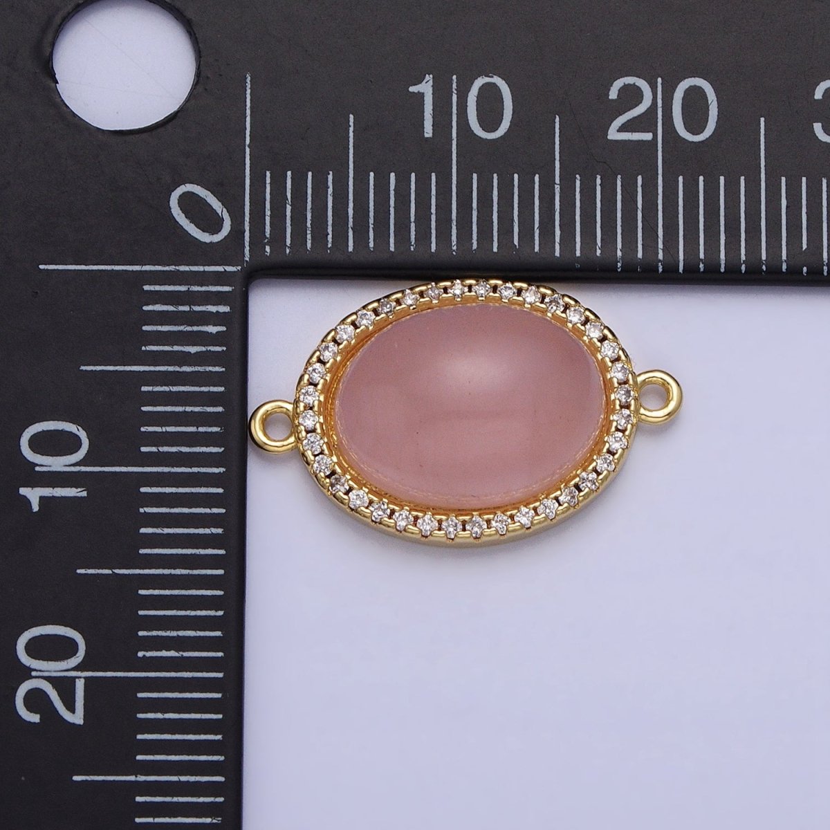 24K Gold Filled Rose Quartz Natural Gemstone Micro Paved CZ Oval Connector | Y-793