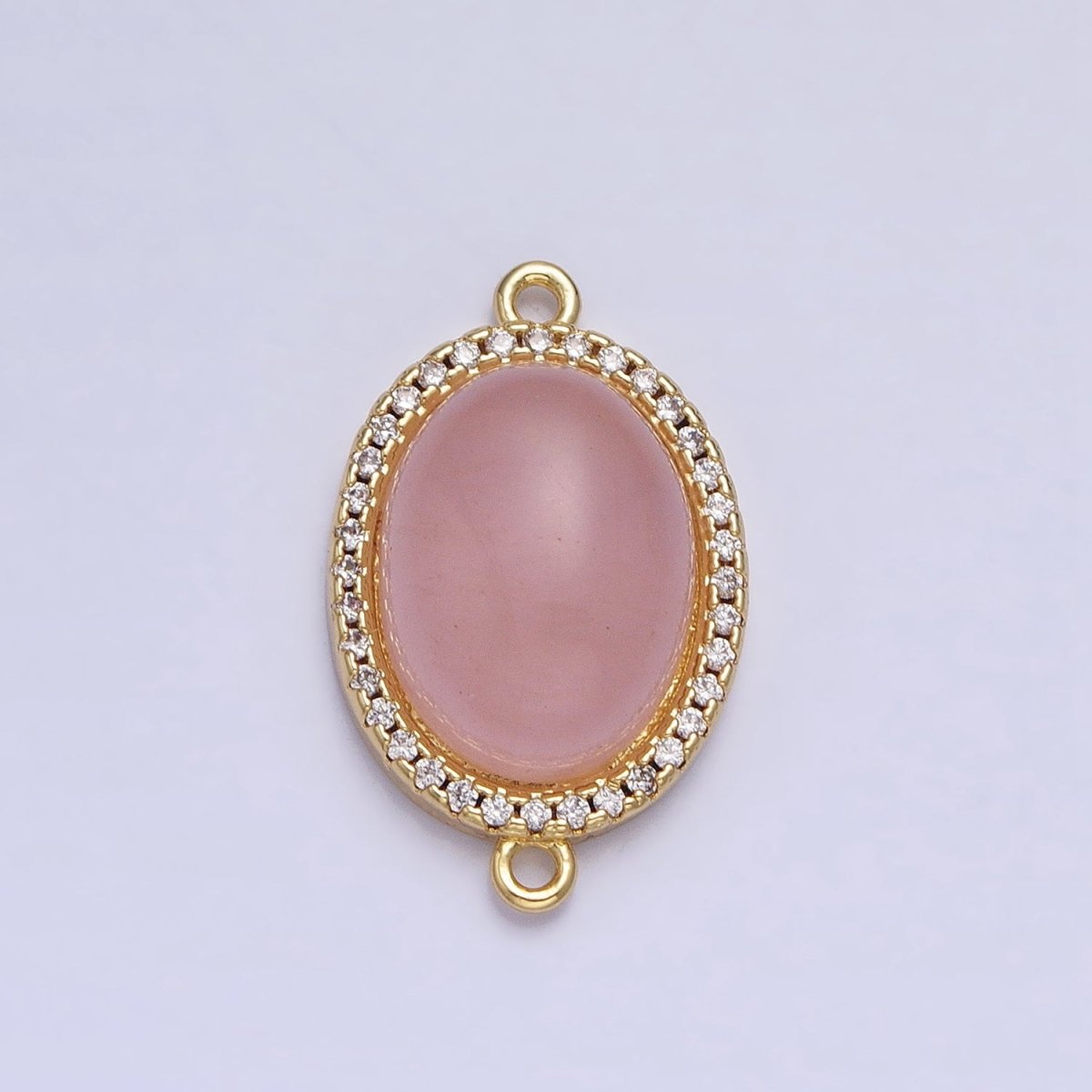 24K Gold Filled Rose Quartz Natural Gemstone Micro Paved CZ Oval Connector | Y-793