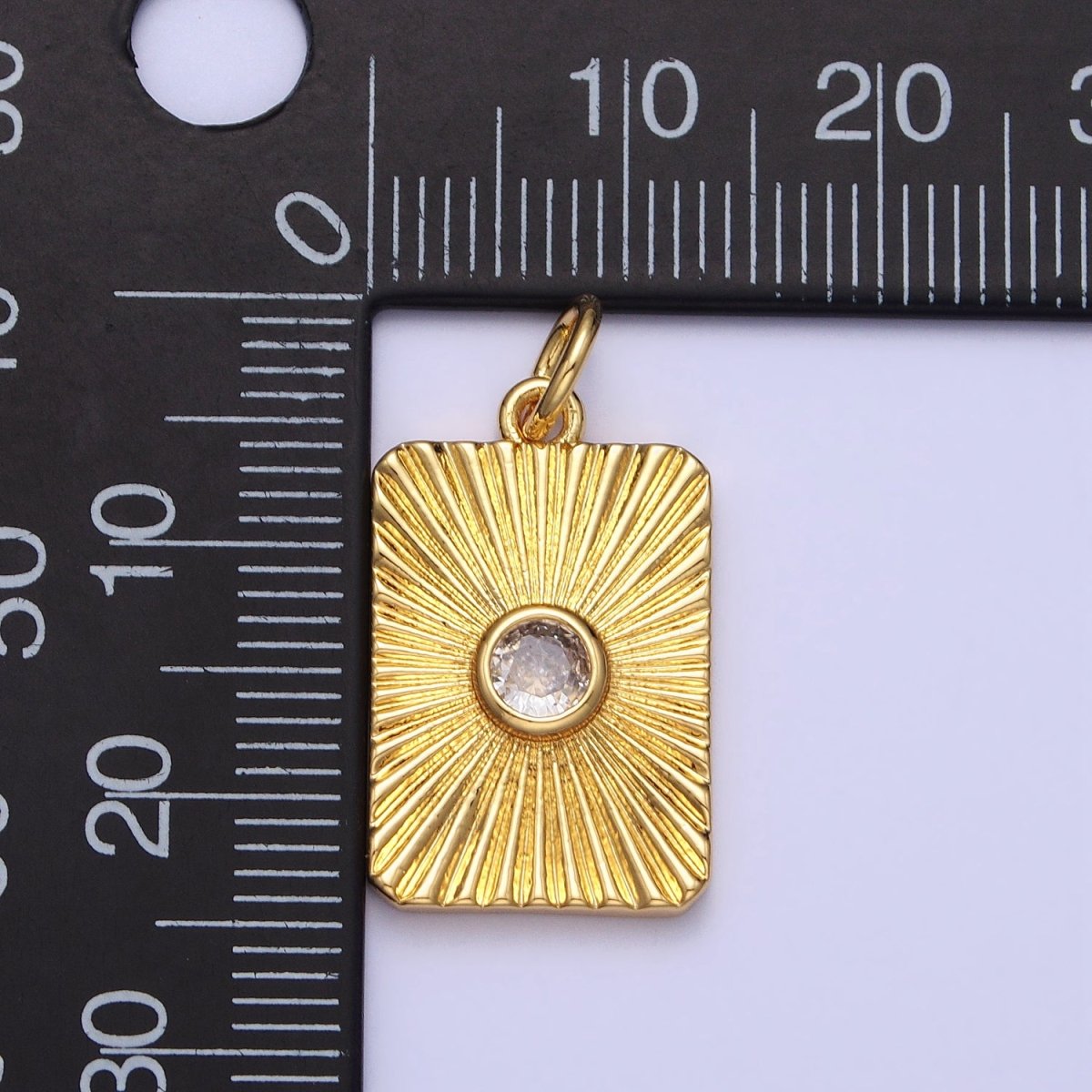24K Gold Filled Round Clear CZ Sunburst Textured Tag Charm | AC364