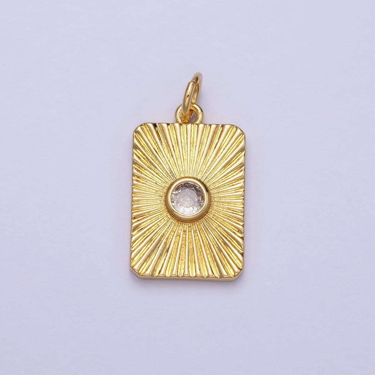 24K Gold Filled Round Clear CZ Sunburst Textured Tag Charm | AC364