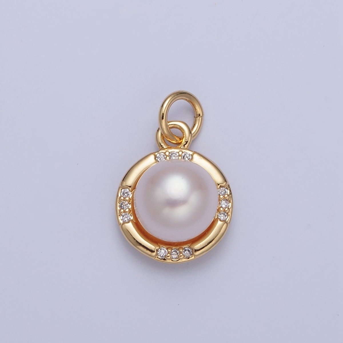 24K Gold Filled Round Shell Pearl Micro Pave CZ Gold Charm | X-067
