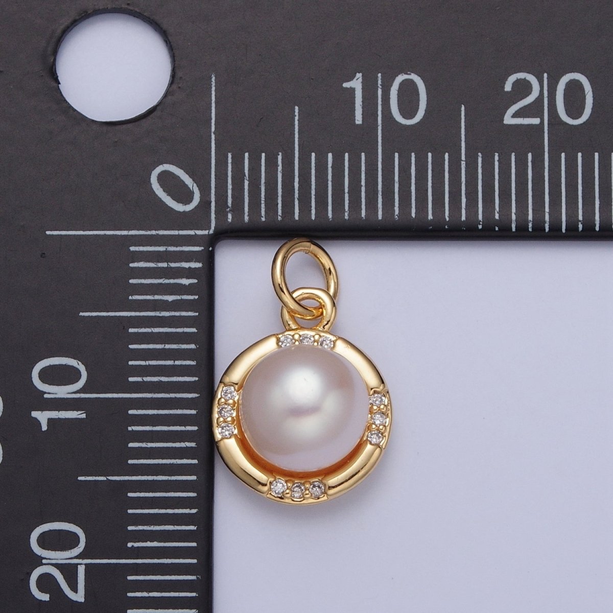 24K Gold Filled Round Shell Pearl Micro Pave CZ Gold Charm | X-067
