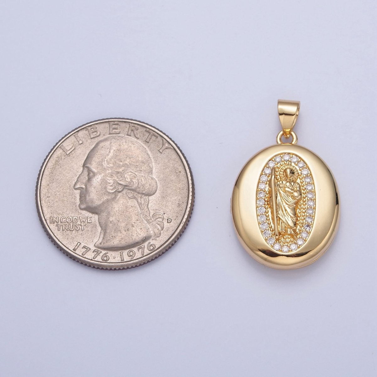 24K Gold Filled Saint Benedict / Virgin Mary Locket Oval Pendant, Micro Pave Clear Cubic Zirconia CZ Religious Jewelry H-092 H-105