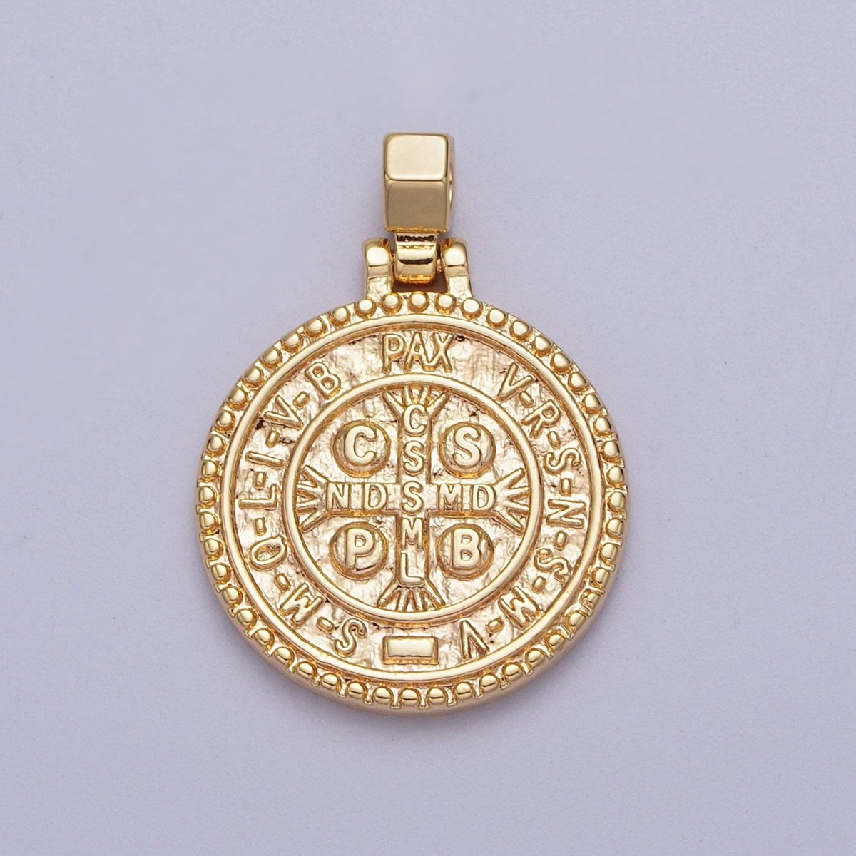 24K Gold Filled Saint St. Benedict SMQLIVB PAX VRSNSMV, Cross Moline CSSML NDSMD Religious Coin Pendant | C-598