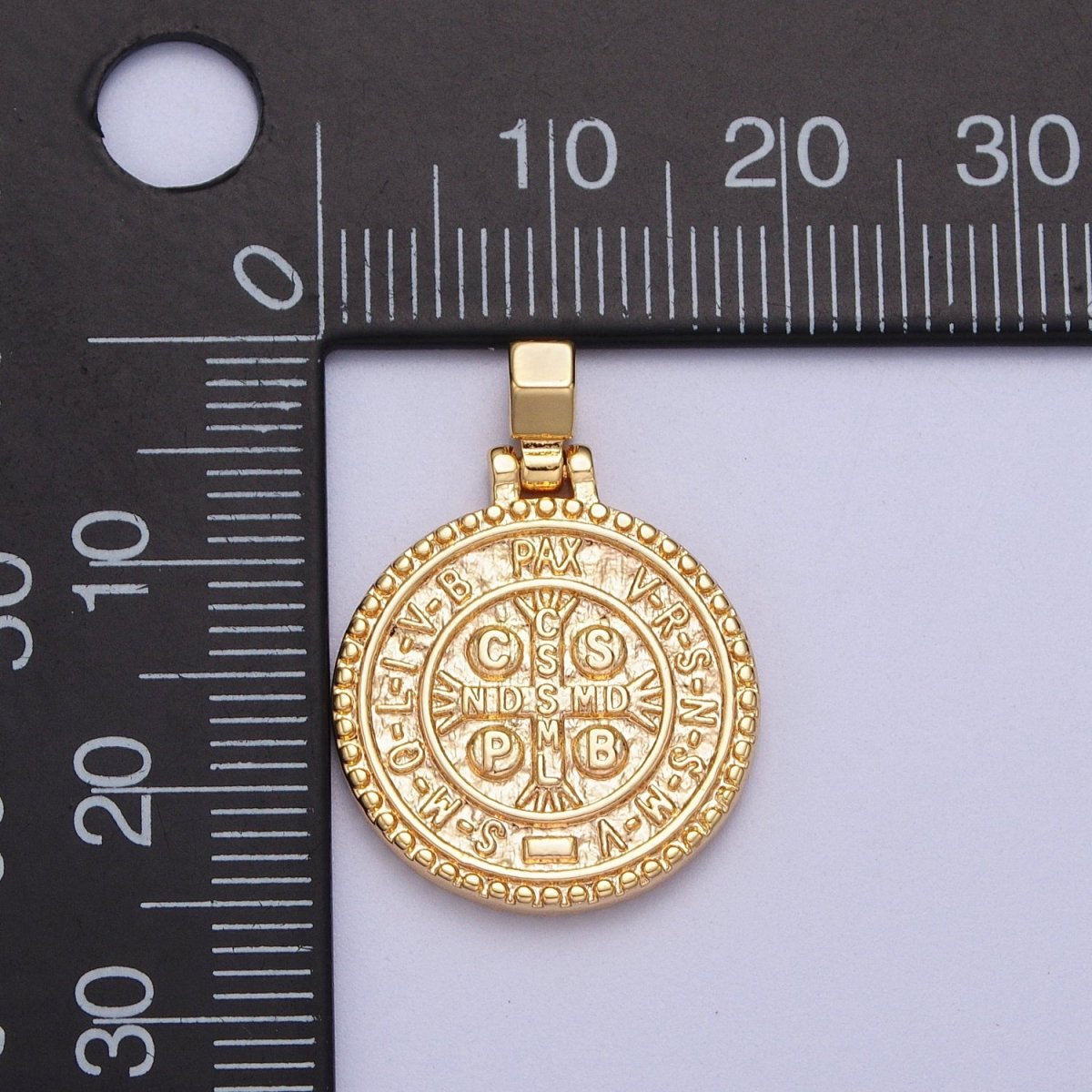 24K Gold Filled Saint St. Benedict SMQLIVB PAX VRSNSMV, Cross Moline CSSML NDSMD Religious Coin Pendant | C-598