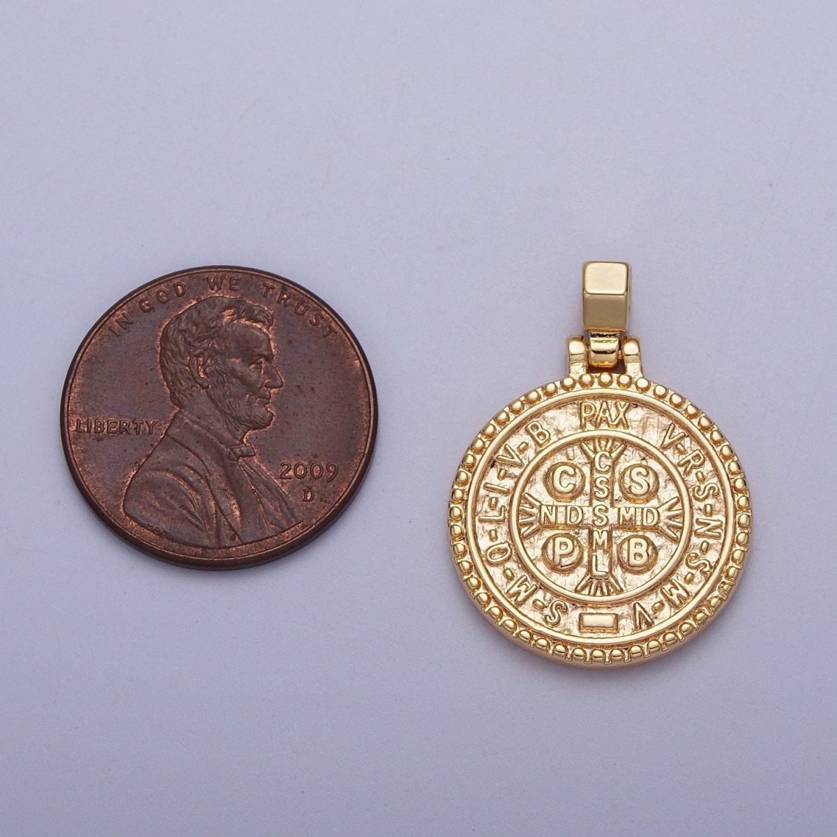 24K Gold Filled Saint St. Benedict SMQLIVB PAX VRSNSMV, Cross Moline CSSML NDSMD Religious Coin Pendant | C-598