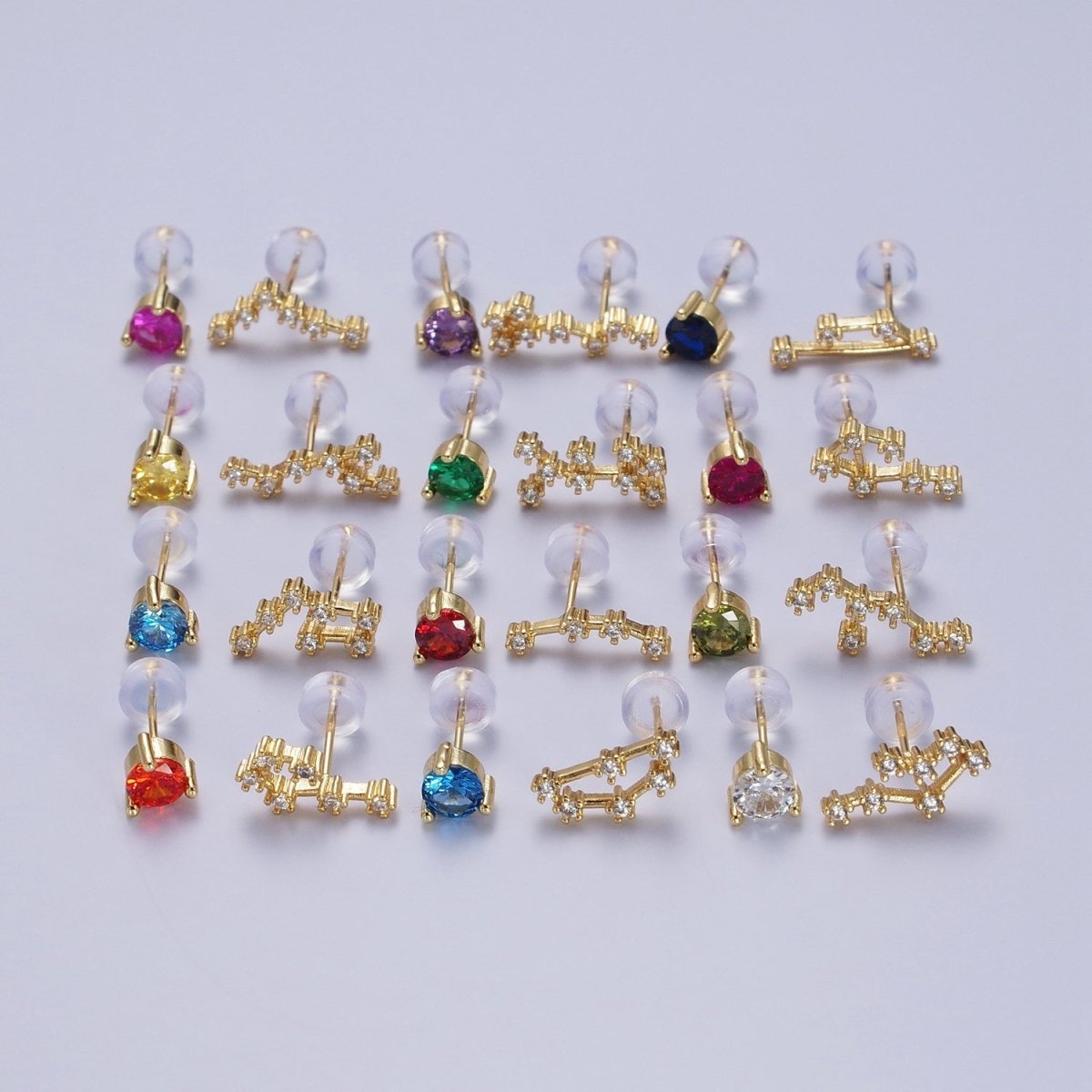 24K Gold Filled Set Birthstone & Astrology Zodiac Horoscope Constellation Cubic Zirconia Stud Earrings | AD014~AD025